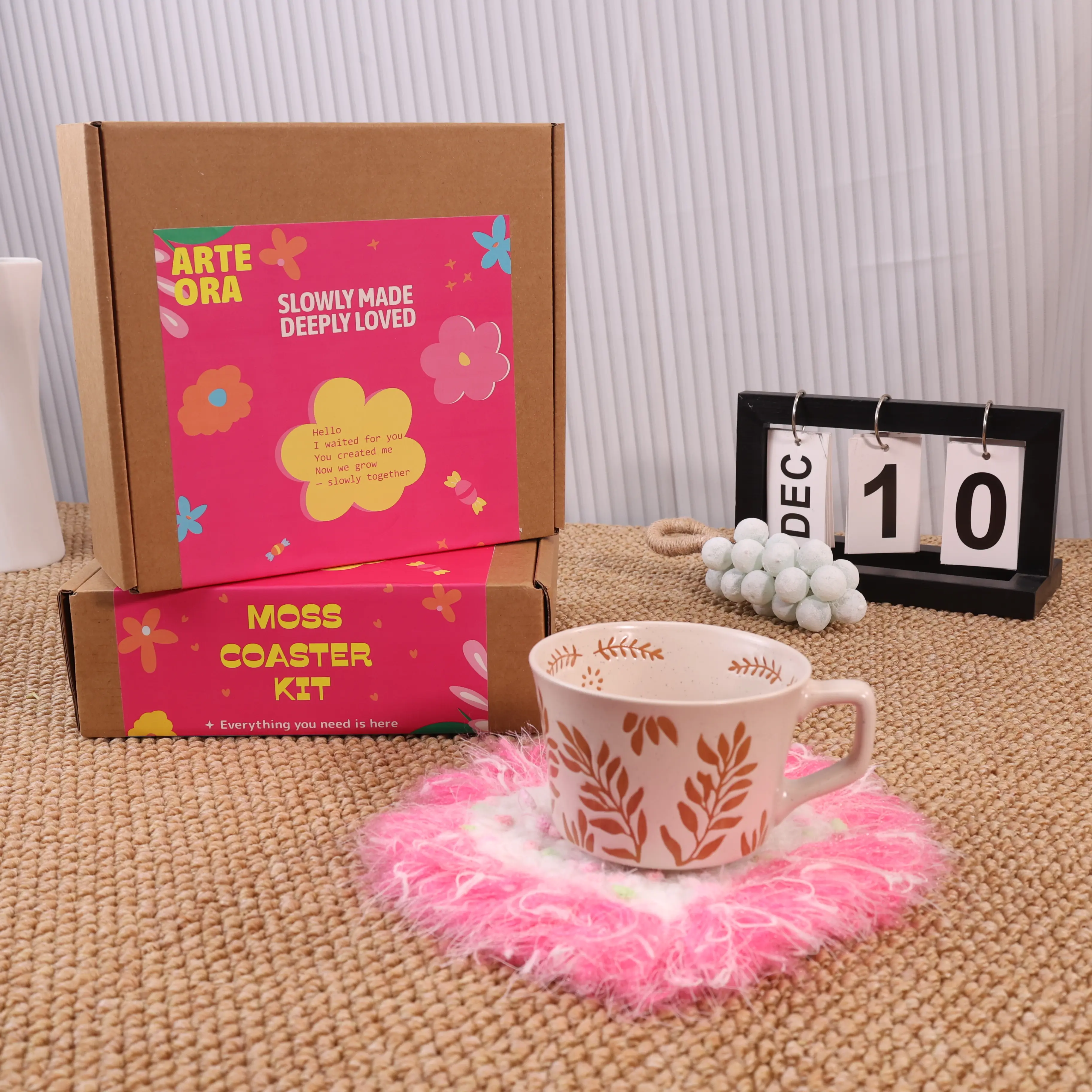 3D moss coaster DIY kit with pink heart, beginner-friendly, perfect for Valentine’s gift and mindful crochet by Arteora